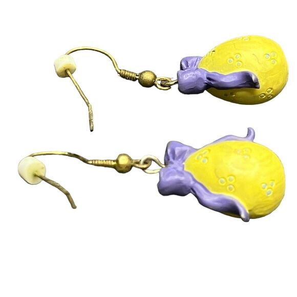 Vintage‎ Cute Yellow Easter Egg Purple Bows Spring Fashion Dangle Earrings - Picture 5 of 5